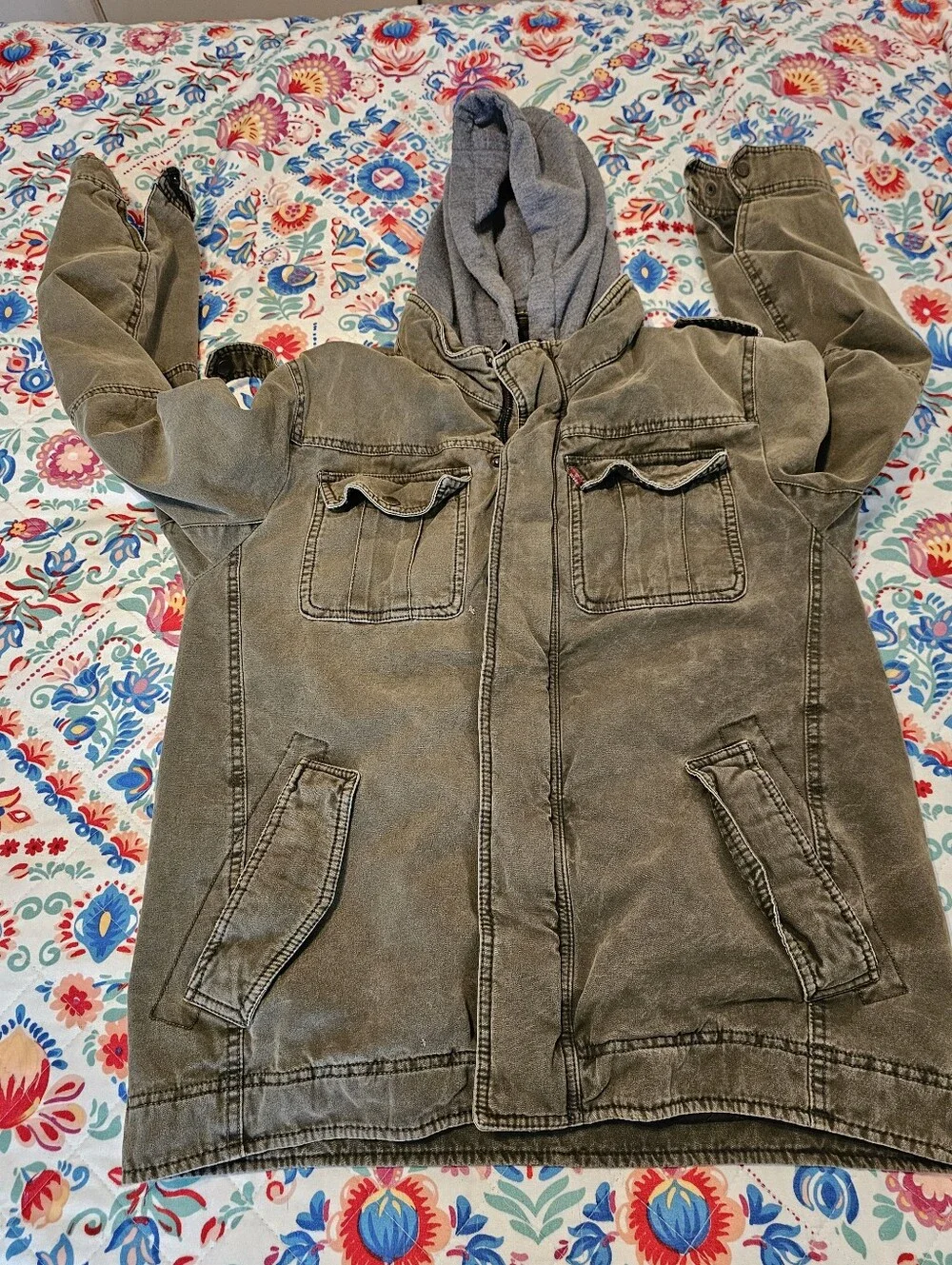 Levi Strauss Mens M Layered Hooded Canvas Trucker Jacket Washed Olive Green